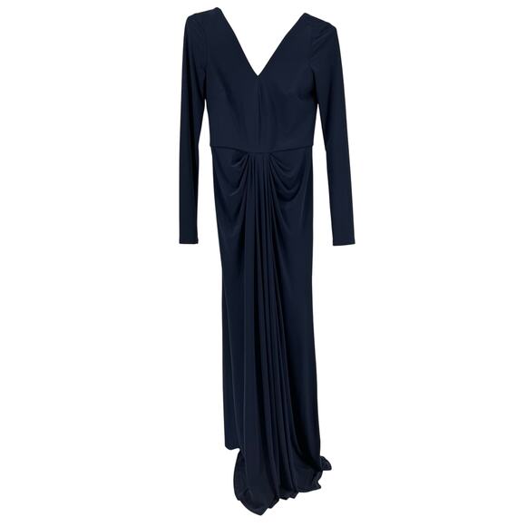 Vera Wang Navy Blue Long Sleeve V Neck Ruched Evening Gown Long Dress (4) - Picture 6 of 13